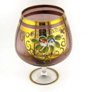 Vintage Bohemian Burgundy Glass Compote‎ Enameled Hand Painted Floral Gold Leaf